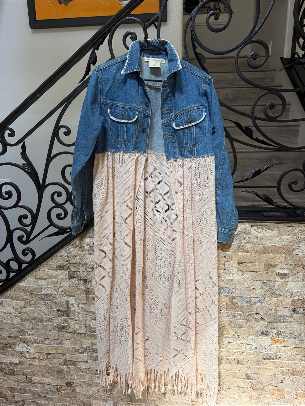 Denim Jacket Top with Cream Lace Duster by Free People X Tricia Fix size XS